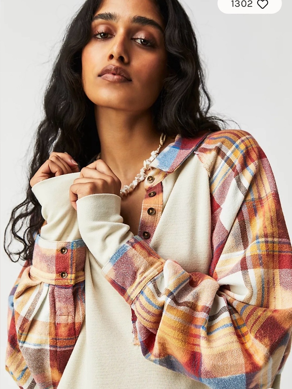Free People We The Free Isabelle Thermal Plaid Patchwork Pullover Mink Combo L
